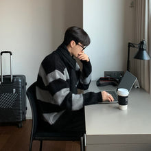 画像をギャラリービューアに読み込む, ボーダー ニット セーター トップス ルーズ カジュアル 韓国 メンズ レディース ブルー×ブラック