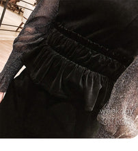 画像をギャラリービューアに読み込む, ロングワンピース セットドレス 透け感ありワンピース シースルー長袖トップス×ベロアワンピース ブラックワンピース