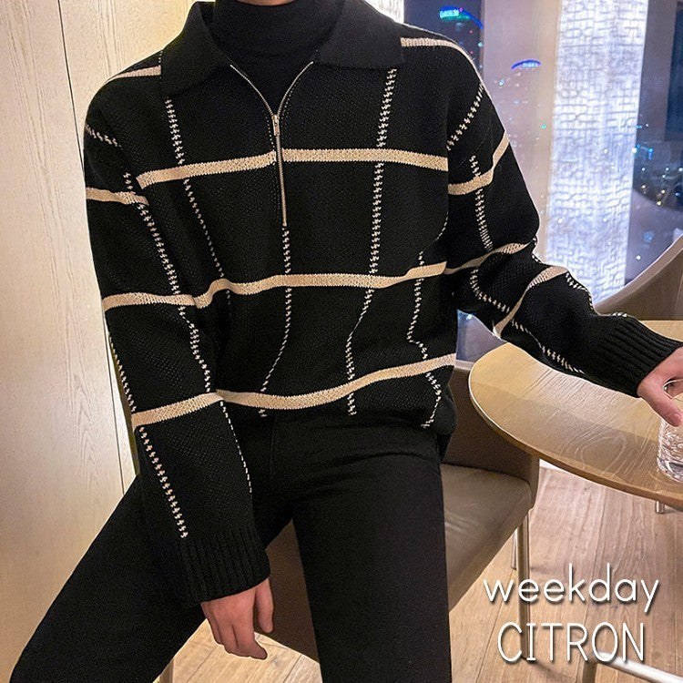 ハーフジップ ニット セータートップス チェック ルーズ メンズ  全2色