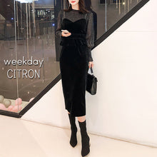 画像をギャラリービューアに読み込む, ロングワンピース セットドレス 透け感ありワンピース シースルー長袖トップス×ベロアワンピース ブラックワンピース