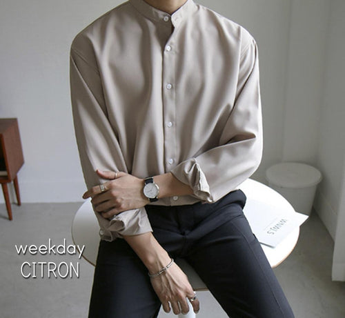 シャツ メンズ シンプル ノーカラー シャツ カジュアル 韓国