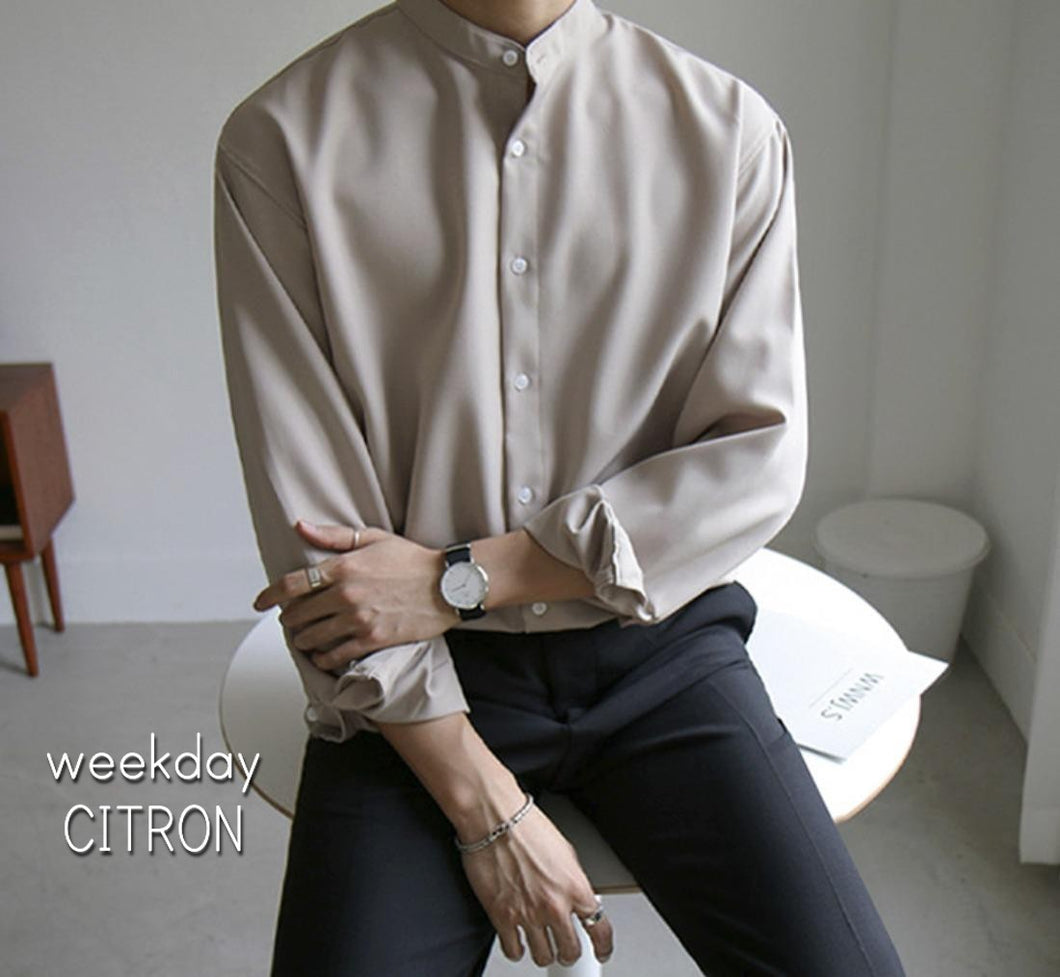 シャツ メンズ シンプル ノーカラー シャツ カジュアル 韓国