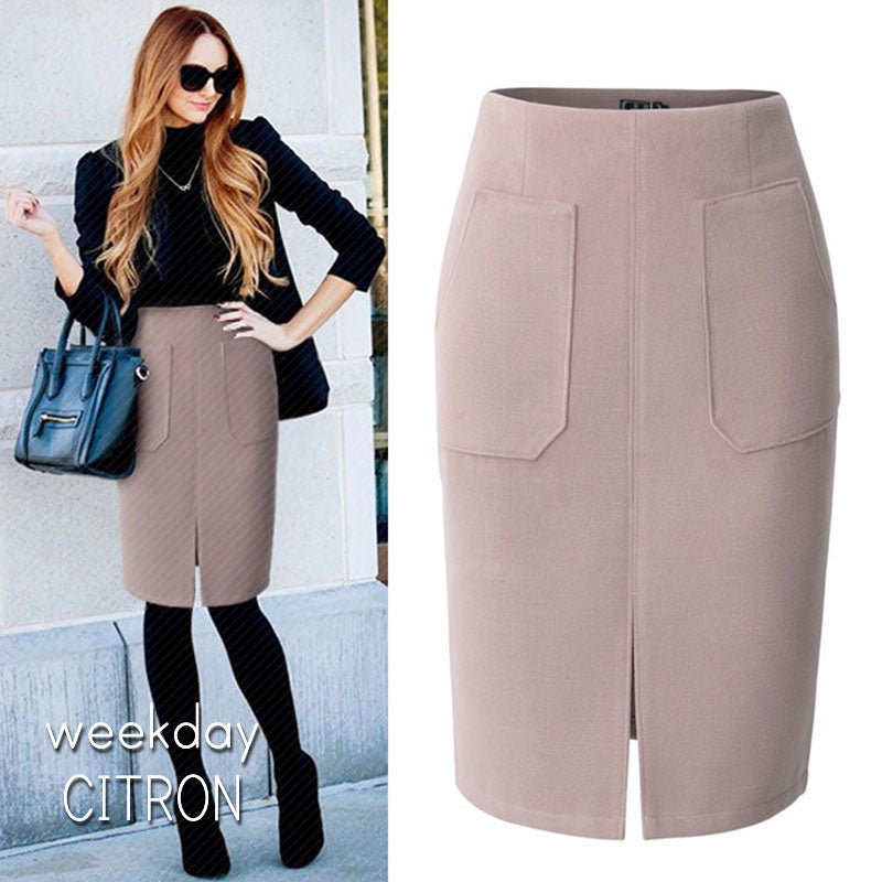 フロントスリット ポケット付き ウール タイト スカート