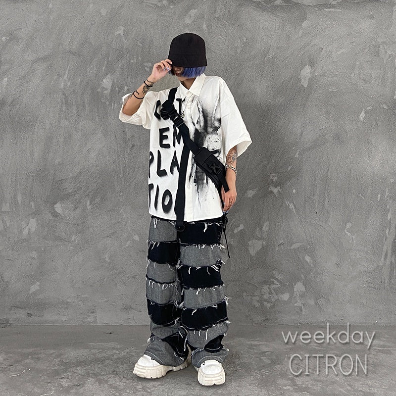 メンズ クラッシュデニム ワイドパンツ ダメージ加工 ジーンズ