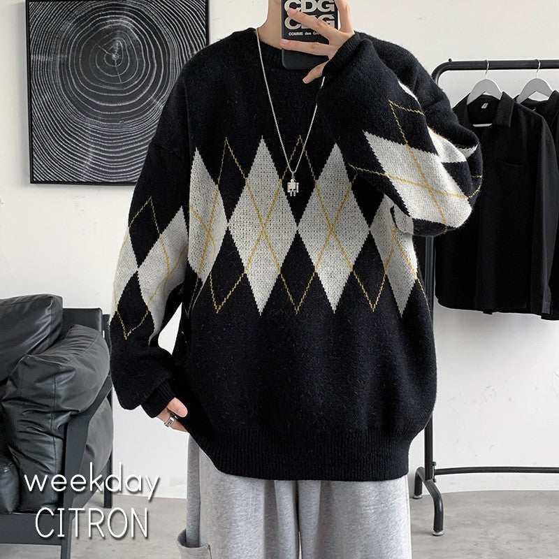 メンズ アーガイル セーター ルーズ 韓国 トップス  メンズ 全2色