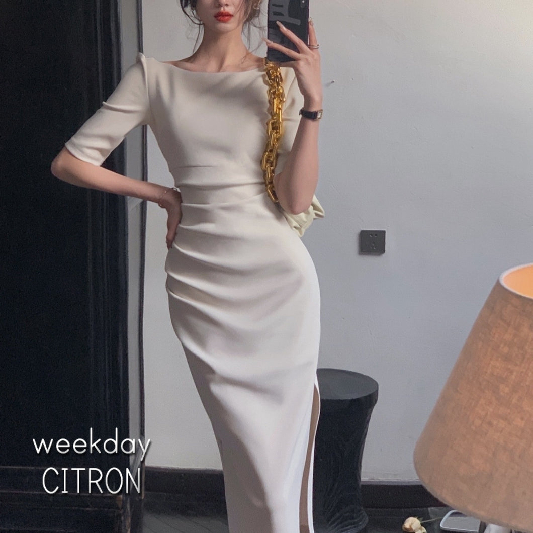 バックオープン タイト ドレス パーティードレス 4色 レディース 五分袖 細見え 韓国