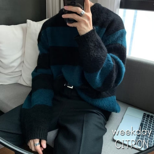 ボーダー ニット セーター トップス ルーズ カジュアル 韓国 メンズ レディース ブルー×ブラック