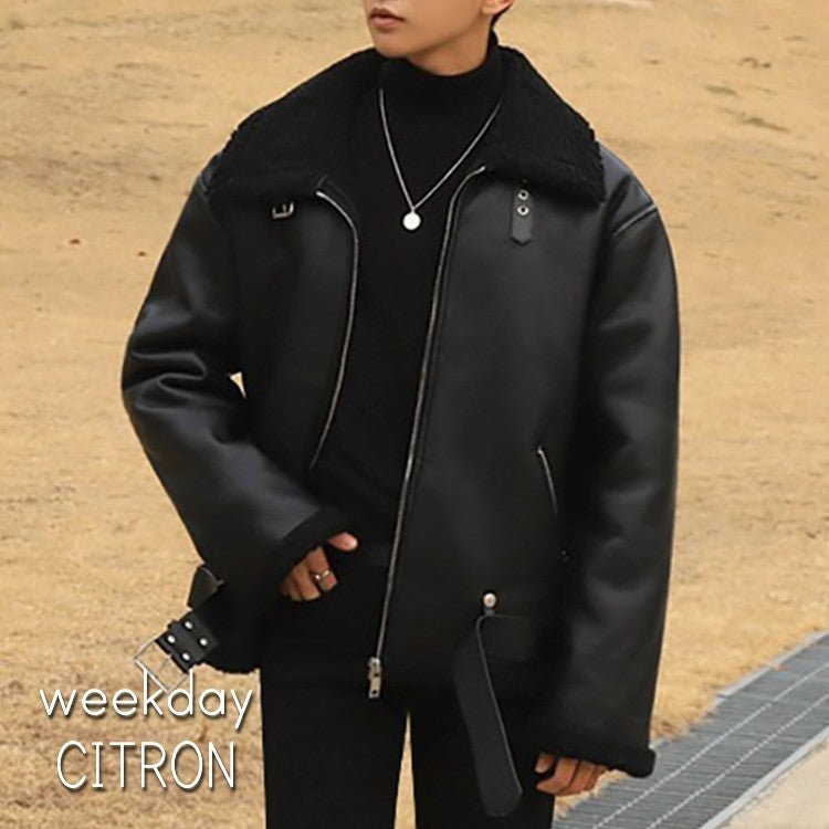 ボア レザージャケット アウター ジャケット 韓国 エコレザー 冬 メンズ  ブラック