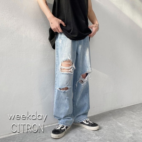 メンズ ルーズ ダメージ デニム クラッシュ ジーンズ デニム ジーパン韓国