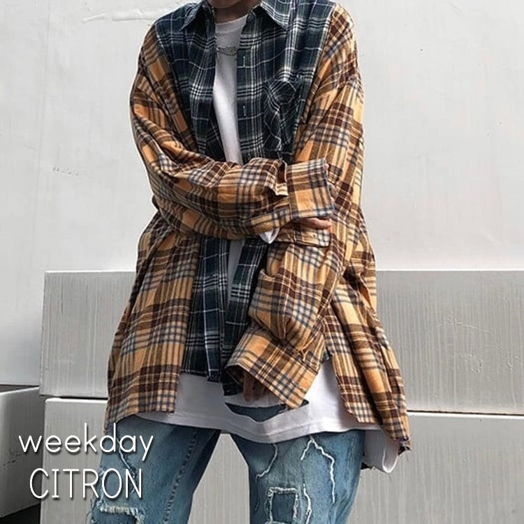 切り替え ルーズ チェック シャツ 韓国 ワイド メンズ レディース