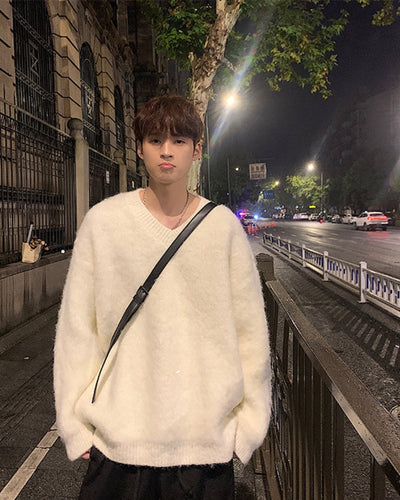 シャギーニット ニットセーター  トップス 全4色 Vネック カジュアルメンズ  秋冬