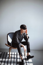 画像をギャラリービューアに読み込む, メンズ ストライプ シャツ 長袖 ストライプ きれいめ 黒 韓国