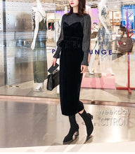 画像をギャラリービューアに読み込む, ロングワンピース セットドレス 透け感ありワンピース シースルー長袖トップス×ベロアワンピース ブラックワンピース
