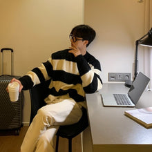 画像をギャラリービューアに読み込む, ボーダー ニット セーター トップス ルーズ カジュアル 韓国 メンズ レディース ブルー×ブラック