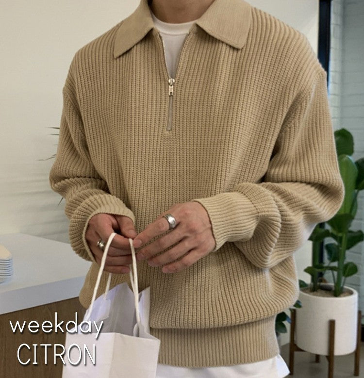 ハーフジップ ニット セーター メンズ トップス 全3色 ルーズ 韓国 春秋