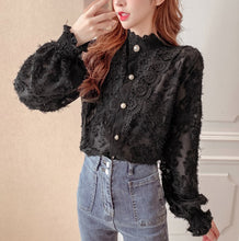 画像をギャラリービューアに読み込む, クラシカル フラワーレース シアー フリル シャツ トップス レディース全3色