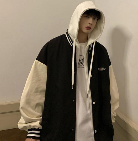 メンズ フード付き スタジャン アウター ジャケット フェイクレイヤード 韓国
