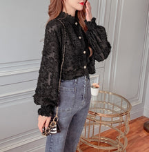 画像をギャラリービューアに読み込む, クラシカル フラワーレース シアー フリル シャツ トップス レディース全3色