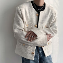 画像をギャラリービューアに読み込む, メンズ 韓国 ツイード ジャケット ラグジュアリー ノーカラー