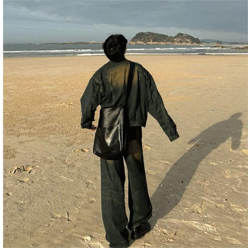 ワイド デニム セットアップ メンズ  ウォッシュド 上下 韓国