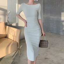 画像をギャラリービューアに読み込む, バックオープン タイト ドレス パーティードレス 4色 レディース 五分袖 細見え 韓国