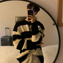 画像をギャラリービューアに読み込む, ボーダー ニット セーター トップス ルーズ カジュアル 韓国 メンズ レディース ブルー×ブラック