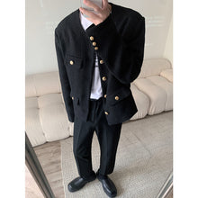 画像をギャラリービューアに読み込む, メンズ 韓国 ツイード ジャケット ラグジュアリー ノーカラー