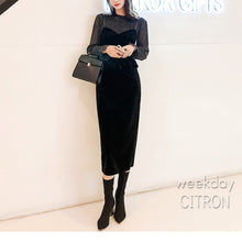 画像をギャラリービューアに読み込む, ロングワンピース セットドレス 透け感ありワンピース シースルー長袖トップス×ベロアワンピース ブラックワンピース