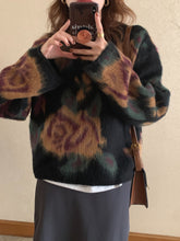 画像をギャラリービューアに読み込む, 総柄 ルーズ ニット レディースセーター ヴィンテージライク 韓国 トップス