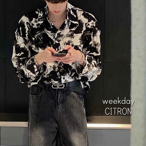 総柄 シャツ メンズ 長袖 韓国 スタイリッシュ モノトーン シャツ