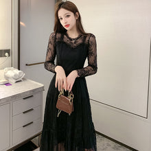 画像をギャラリービューアに読み込む, 総レース ワンピース パーティードレス 長袖 プリーツ シアー 透け感ありワンピース 黒 韓国