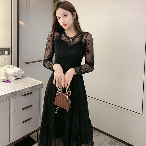 総レース ワンピース パーティードレス 長袖 プリーツ シアー 透け感ありワンピース 黒 韓国