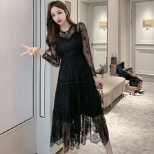 画像をギャラリービューアに読み込む, 総レース ワンピース パーティードレス 長袖 プリーツ シアー 透け感ありワンピース 黒 韓国