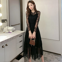 画像をギャラリービューアに読み込む, 総レース ワンピース パーティードレス 長袖 プリーツ シアー 透け感ありワンピース 黒 韓国