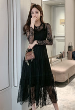 画像をギャラリービューアに読み込む, 総レース ワンピース パーティードレス 長袖 プリーツ シアー 透け感ありワンピース 黒 韓国