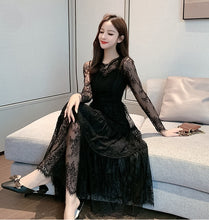 画像をギャラリービューアに読み込む, 総レース ワンピース パーティードレス 長袖 プリーツ シアー 透け感ありワンピース 黒 韓国