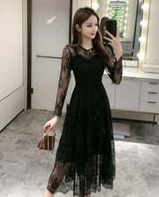 画像をギャラリービューアに読み込む, 総レース ワンピース パーティードレス 長袖 プリーツ シアー 透け感ありワンピース 黒 韓国