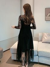 画像をギャラリービューアに読み込む, 総レース ワンピース パーティードレス 長袖 プリーツ シアー 透け感ありワンピース 黒 韓国