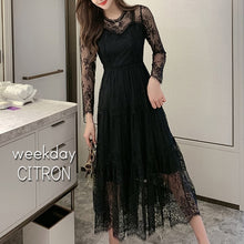 画像をギャラリービューアに読み込む, 総レース ワンピース パーティードレス 長袖 プリーツ シアー 透け感ありワンピース 黒 韓国