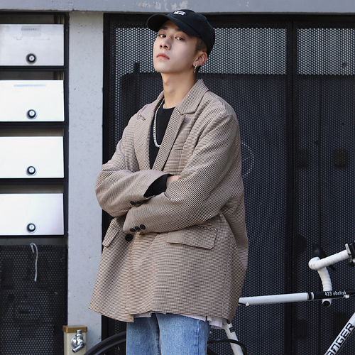 20%OFF メンズ テーラードジャケット ダブル チェック オーバーサイズ 韓国 ストリート 秋冬