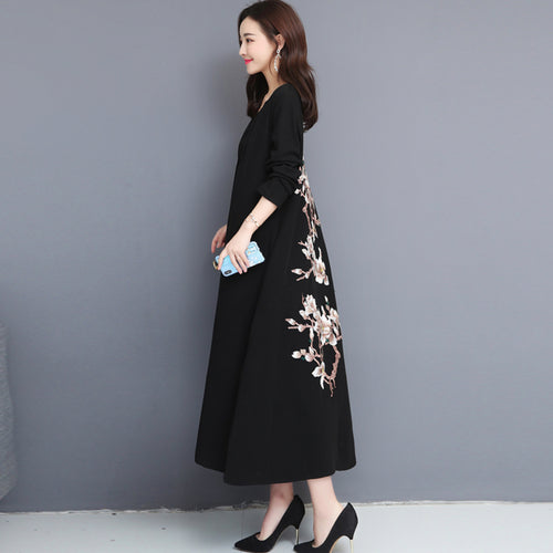 女性大人気新品ゆったり背刺繍桜ワンピースレディー民族風痩せ ブラック