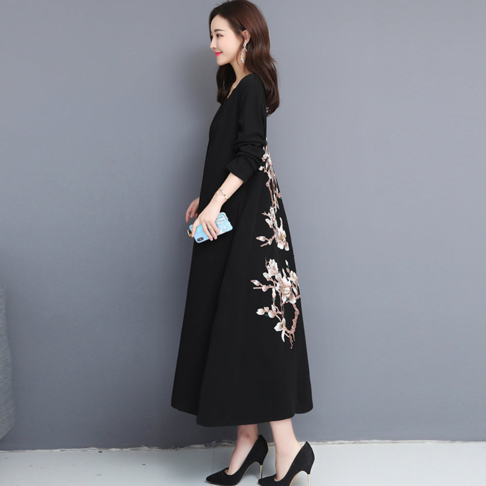 女性大人気新品ゆったり背刺繍桜ワンピースレディー民族風痩せ ブラック