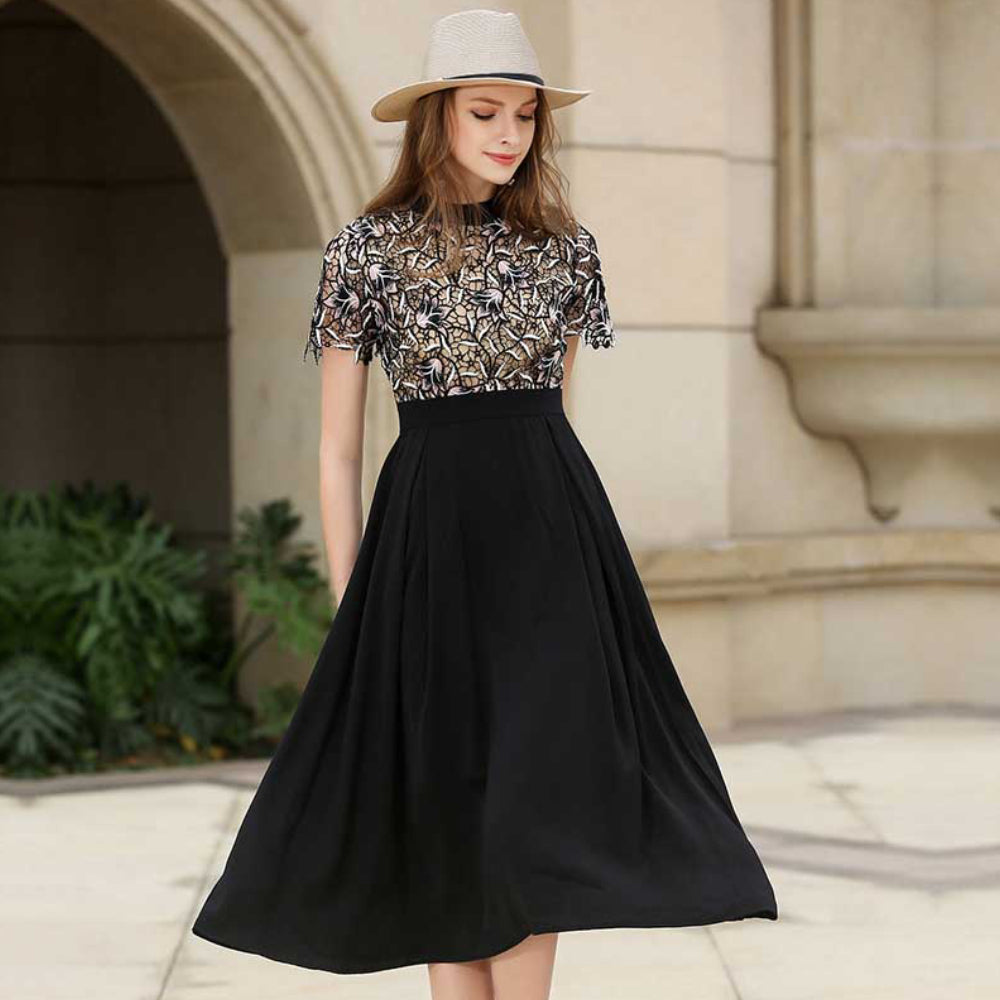 刺繍花レース パーティードレス ワンピース上品 新品 ブラック