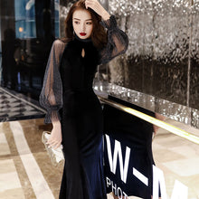 画像をギャラリービューアに読み込む, パーティードレス ミモレ丈 マーメイドライン 立ち襟 透け感