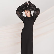 画像をギャラリービューアに読み込む, シースルーボリューム袖 ブラックパーティドレス 演奏会 二次会