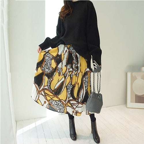 レオパード配色 シフォン プリーツ スカート ワンピース上下两点セット 秋冬新品