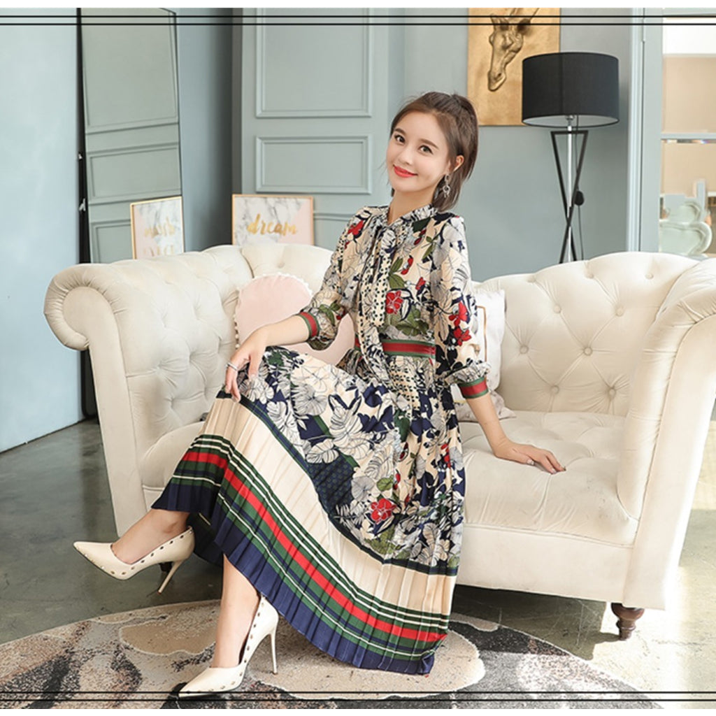 パーティー プリーツスカート プリント ワンピ リボン  結婚式 ワンピース  秋冬新品