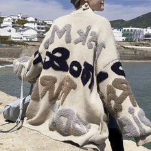 画像をギャラリービューアに読み込む, カーディガン ルーズニット ボア 英字ロゴ オーバーサイズ