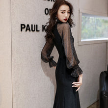 画像をギャラリービューアに読み込む, パーティードレス ミモレ丈 マーメイドライン 立ち襟 透け感