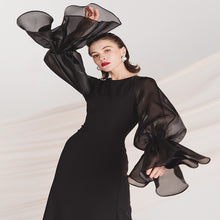 画像をギャラリービューアに読み込む, シースルーボリューム袖 ブラックパーティドレス 演奏会 二次会